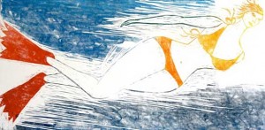 artist julie goldstein woman swimming fins underwater red blue bathing suit 300x147 artist julie goldstein woman swimming fins underwater red blue bathing suit